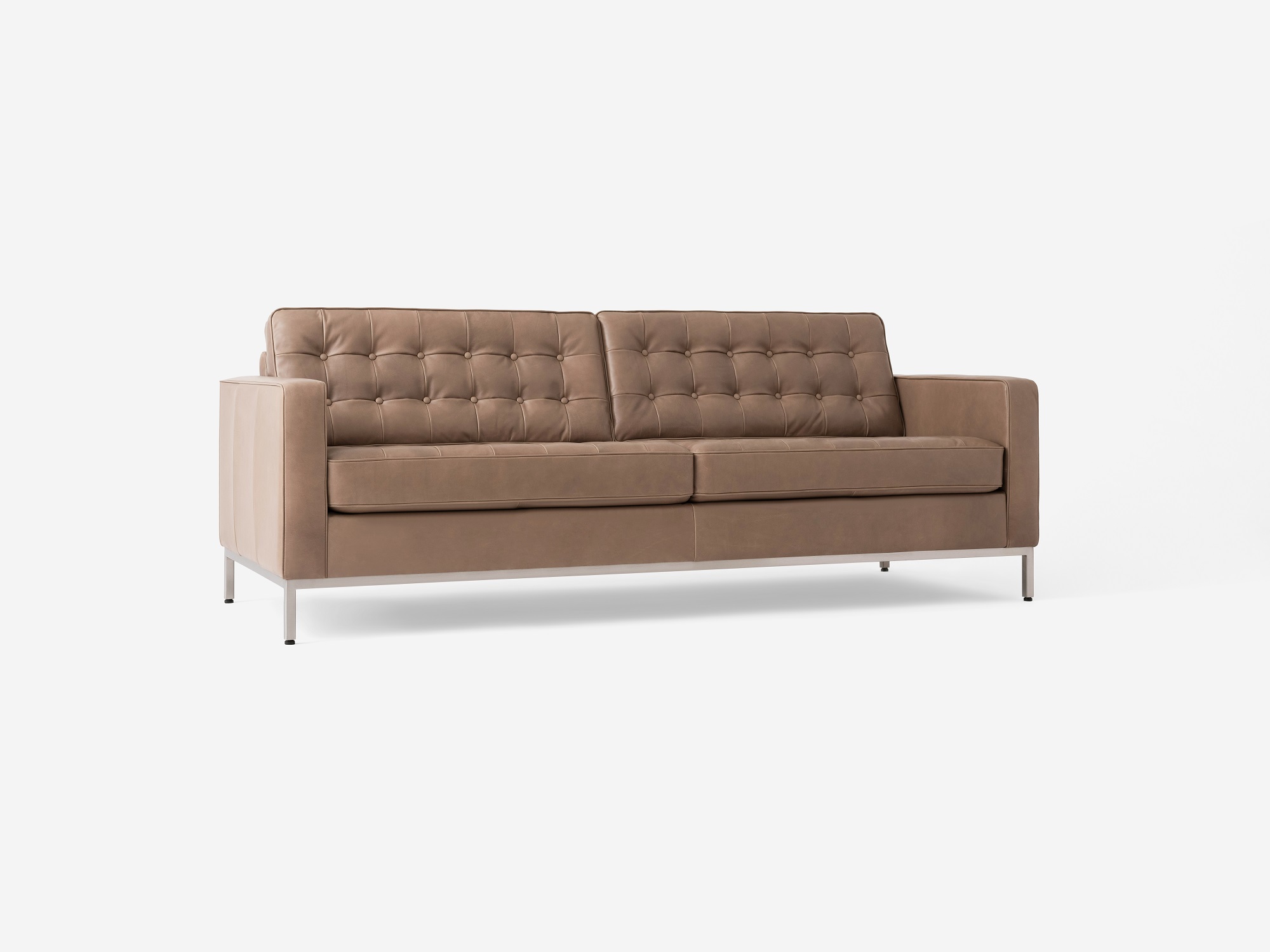 Corner view of our mid century modern sofa, the Reverie 86", upholstered in brown leather